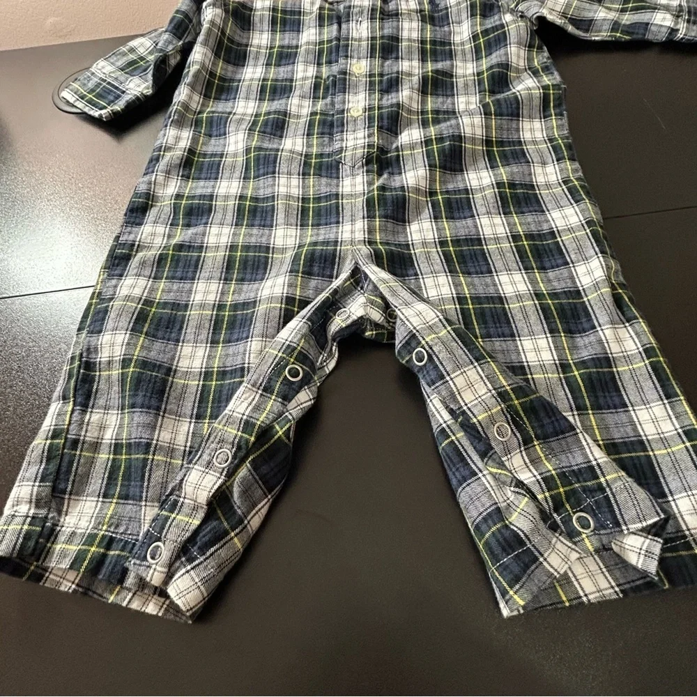 POLO Ralph Lauren Blue, Green and Yellow Plaid Romper. Boys Size 12 Months.